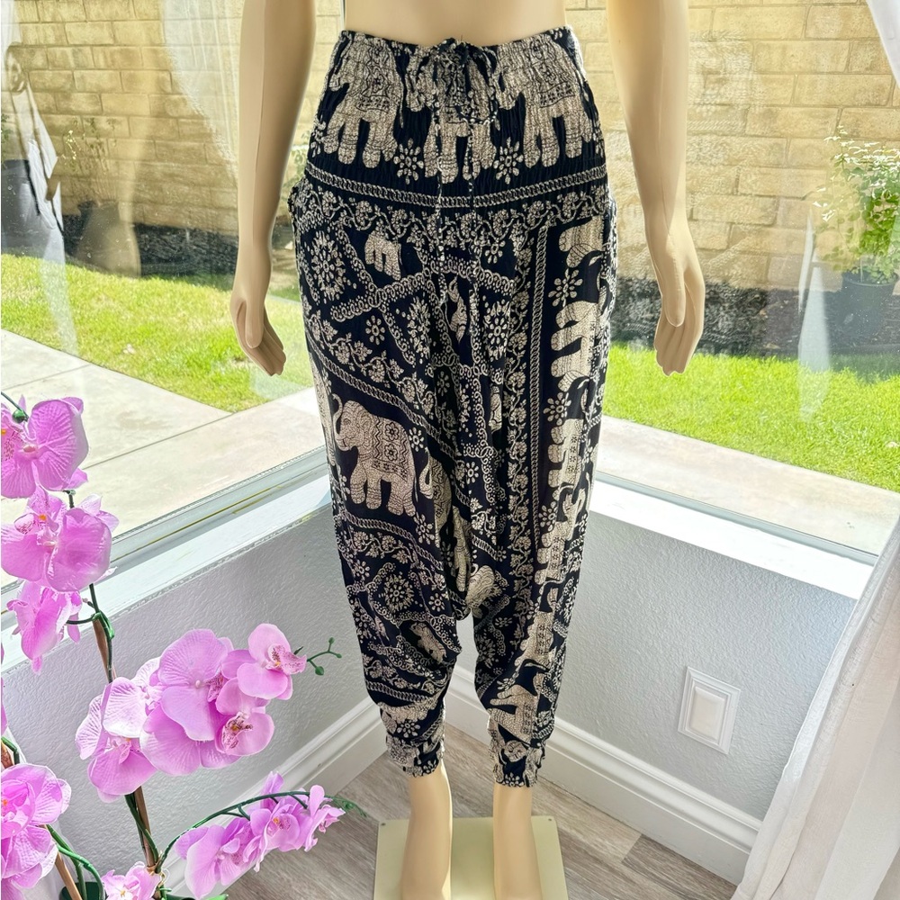Banjamath Womens Black Genie Harem Pants Sz M Medium Floral Boho Lucky Elephant